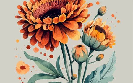 Hand drawn watercolor gerbera flowers and leaves. Vector illustration.のイラスト素材