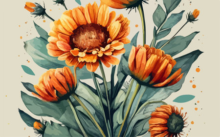 Hand drawn vector illustration of calendula flowers in watercolor styleのイラスト素材