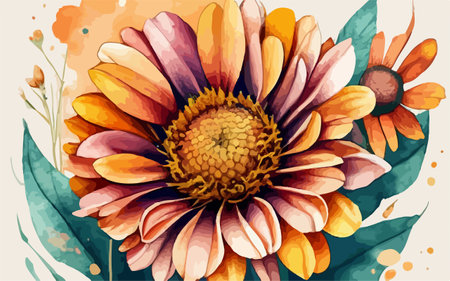 Vector hand drawn watercolor illustration of daisy flower with leaves.のイラスト素材