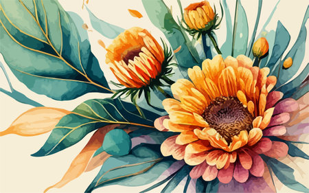Hand drawn watercolor illustration of yellow and orange gerbera flowersのイラスト素材