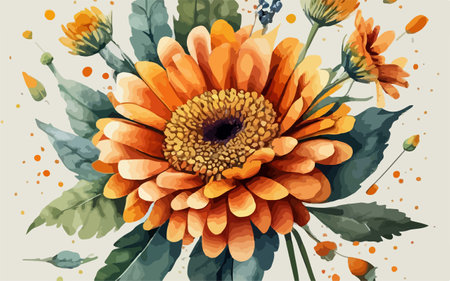 Vector illustration of orange gerbera flower with watercolor splashesのイラスト素材