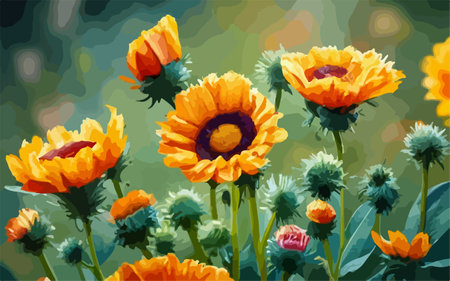 Seamless floral pattern with orange poppies on green backgroundのイラスト素材