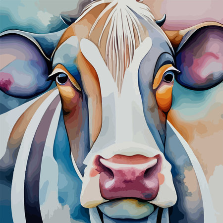 Vector illustration of a portrait of a white cow on a background of cloudsのイラスト素材