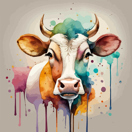 Watercolor portrait of a cow with splashes. Vector illustration.のイラスト素材