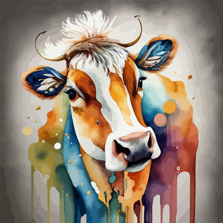 Illustration of a cow with splashes of watercolors.のイラスト素材