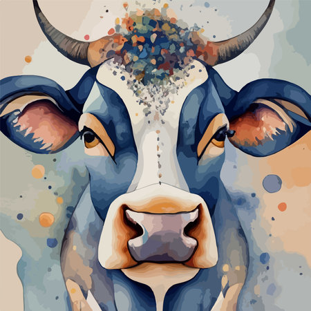 Vector illustration of a cow head with horns and splashes of paintのイラスト素材