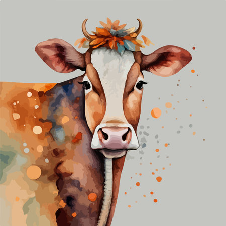 Cute cow with a wreath on his head. Vector illustration.のイラスト素材