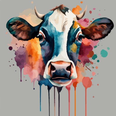 Colorful portrait of a cow with paint splashes. Vector illustration.のイラスト素材