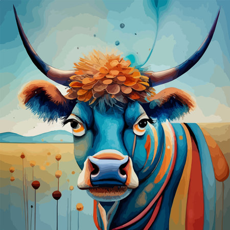Vector illustration of a portrait of a bull with a flower in his hairのイラスト素材
