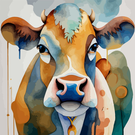 illustration of a cow on a background of watercolor splashesのイラスト素材