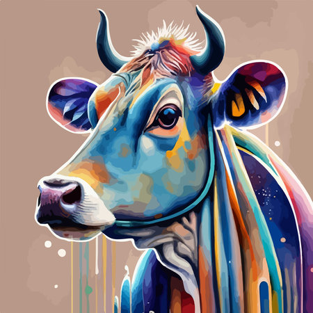 Cute cow on abstract background. Digital painting. Vector illustration.のイラスト素材