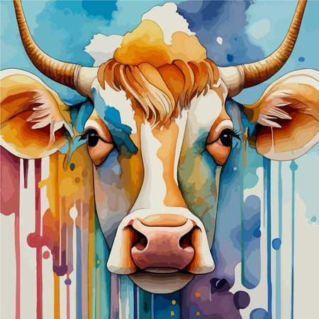 Illustration of a cow head on a grunge background with splashesのイラスト素材