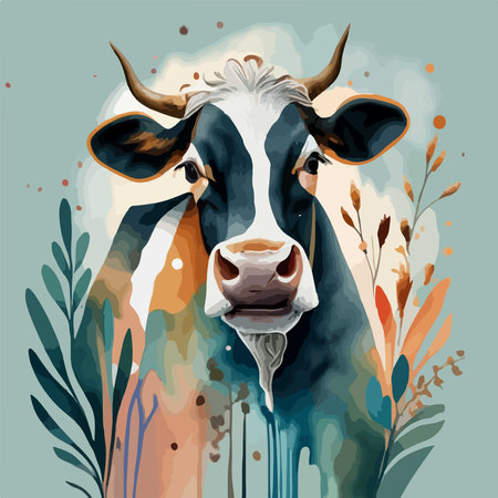 Cute cow portrait. Hand drawn vector illustration in watercolor style.のイラスト素材