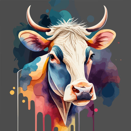 Cow head on a background of watercolor splashes. Vector illustrationのイラスト素材
