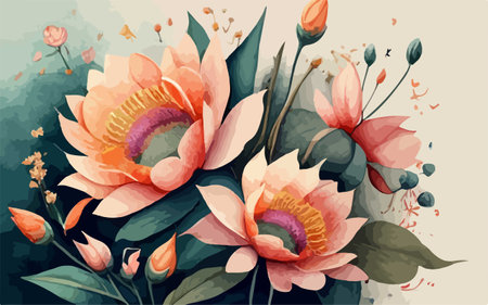 Beautiful vector floral background with flowers and leaves. Hand drawn illustration.のイラスト素材