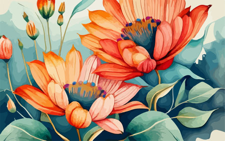 Vintage floral background with orange flowers and green leaves. Vector illustration.のイラスト素材
