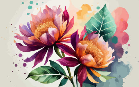 Hand drawn watercolor vector illustration of peony flowers with leaves.のイラスト素材