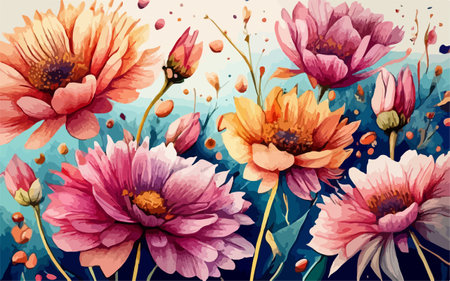 Watercolor floral background with pink and orange flowers. Hand drawn illustrationのイラスト素材
