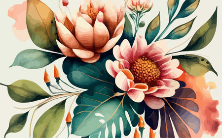 Hand drawn watercolor floral background with dahlia flowers and leavesのイラスト素材