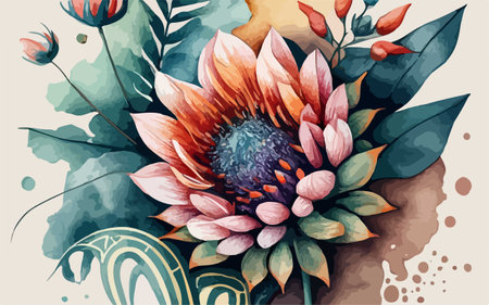 Watercolor floral background with sunflower. Hand drawn vector illustration.のイラスト素材