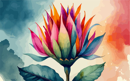 Illustration of a colorful flower on a background of watercolor splashesのイラスト素材