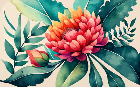 Beautiful vector illustration with watercolor hand drawn protea flower.のイラスト素材