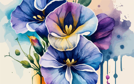 Illustration of blue and violet freesia flowers on watercolor backgroundのイラスト素材