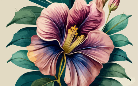 Illustration of a hibiscus flower with green leaves.のイラスト素材