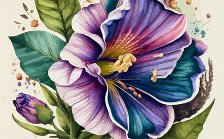 Hand drawn watercolor illustration of purple and violet hibiscus flowersのイラスト素材