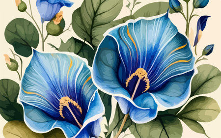 Beautiful hand drawn watercolor illustration with blue bindweed flowers.のイラスト素材