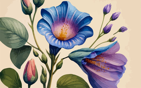 Vector illustration of a bouquet of blue flowers on a beige backgroundのイラスト素材