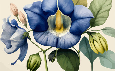 Illustration of blue pea flowers with green leaves and buds.のイラスト素材