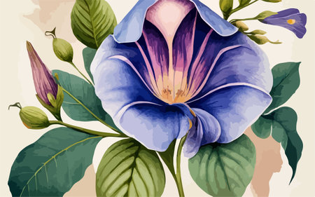 Beautiful hand drawn watercolor illustration of blue morning glory flower.のイラスト素材