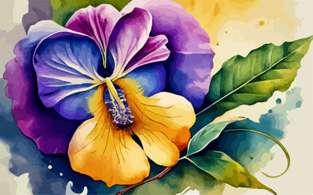 Violet and yellow pansy on watercolor background. Vector illustration.のイラスト素材