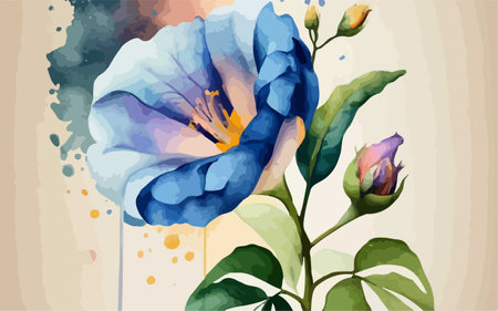 Illustration of blue rose with watercolor splashes on white backgroundのイラスト素材