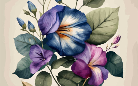 Illustration of blue and purple bindweed flowers with green leaves.のイラスト素材