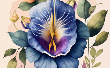 Watercolor blue and purple butterfly pea flowers. Hand drawn illustrationのイラスト素材