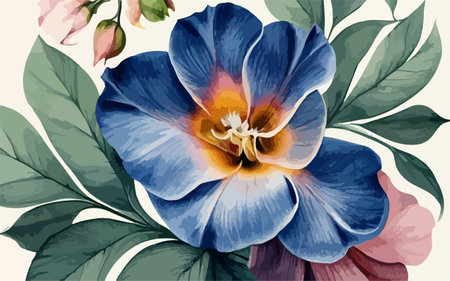 Beautiful blue and purple pansy with green leaves. Vector illustration.のイラスト素材