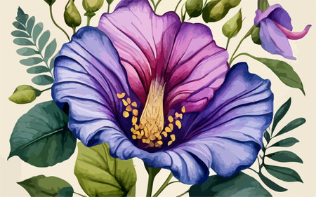 Illustration of purple and violet hibiscus flowers and leavesのイラスト素材