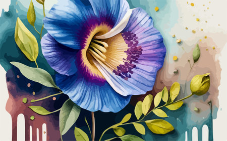 Vector illustration of a blue flower on a grunge background with watercolor stainsのイラスト素材