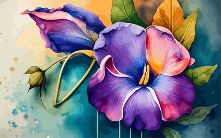Illustration of blue and violet flowers on a watercolor background.のイラスト素材