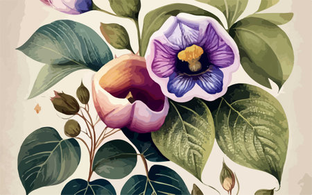 Vintage floral background with flowers and leaves. Hand drawn vector illustration.のイラスト素材
