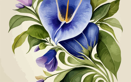 Illustration of blue and purple flowers with green leaves on white backgroundのイラスト素材