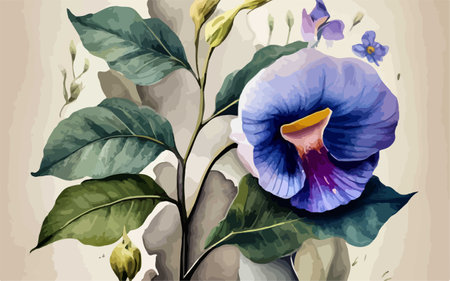 Illustration of a bouquet of blue pansy flowers and leavesのイラスト素材