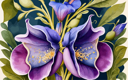 Illustration of a bouquet of purple flowers on a dark backgroundのイラスト素材