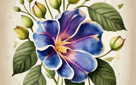 Illustration of a blue flower with green leaves on old paper backgroundのイラスト素材