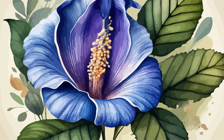 Illustration of blue hibiscus flower with green leaves.のイラスト素材