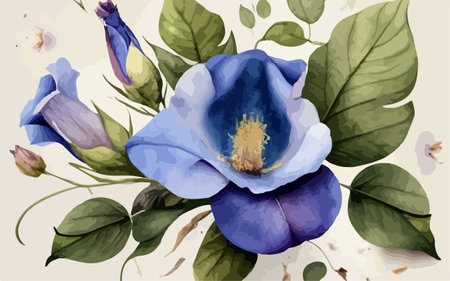 Hand drawn watercolor illustration of a blue rose with leaves and flowers.のイラスト素材