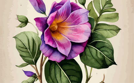 Hand drawn watercolor illustration of purple crocus flower with green leaves.のイラスト素材