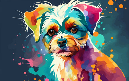 Portrait of a mixed breed dog with colorful splashes. Vector illustration.